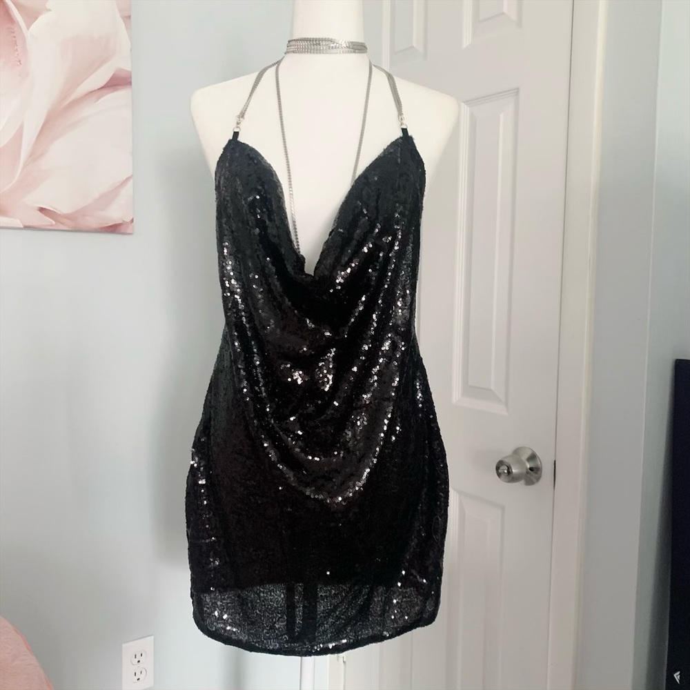 PLT Tarria Black Sequin Chain Choker Mini Dress M